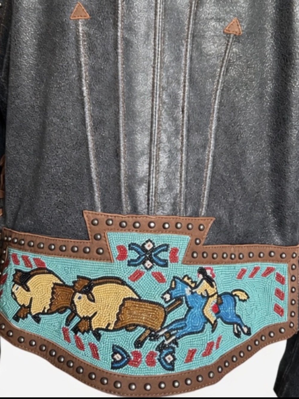 Double D Ranch leather Buffalo Chase Jacket studs beaded buffalo horse cowboy - Picture 9 of 16